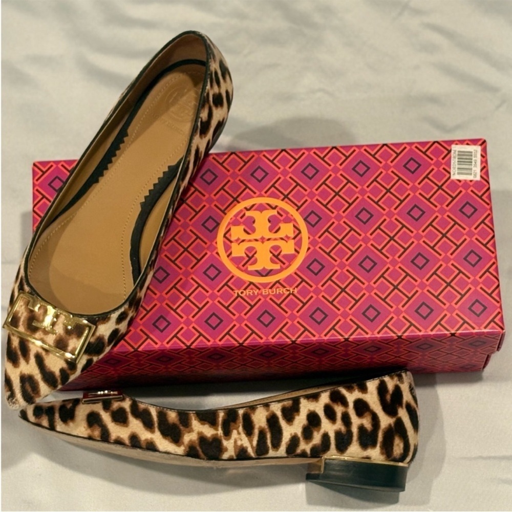 Tory Burch Animal Print Flats with Gold Accent